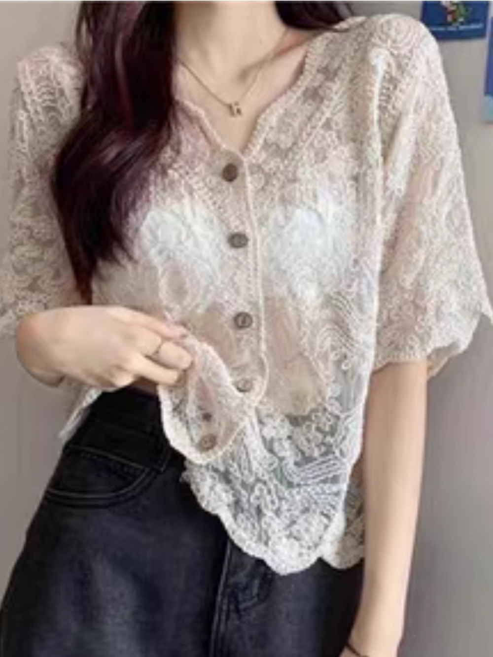 ShopEvelynne Sheer Lace Button-Front Blouse